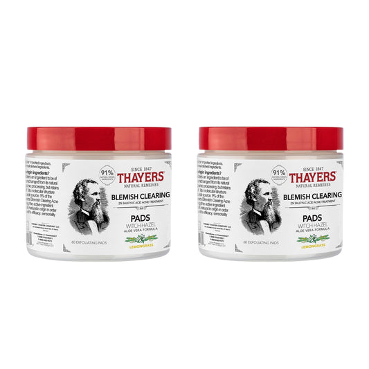 Lavender THAYERS Blemish Clearing Acne Pads, Salicylic Acid Acne Treatment for Face, Pore Reducing, Exfoliating, and Soothing Skincare, Witch Hazel Toner Pads, 60 Ct (2 Pack)