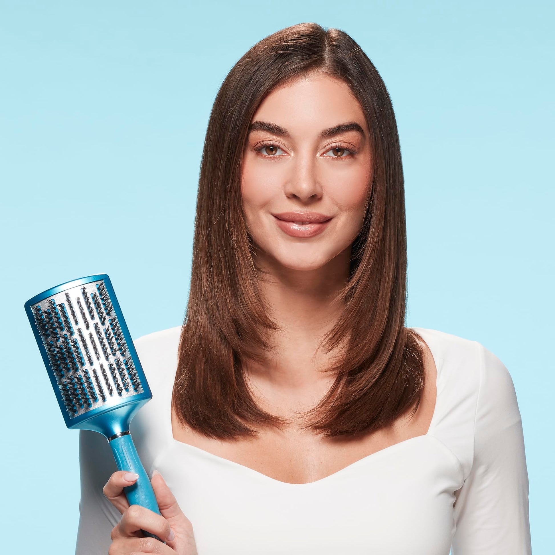 Pale Turquoise BaBylissPRO Nano Titanium Curved Boar & Nylon Paddle Brush, Fast Blow-Dry Styling Brush for Smooth, Shiny Hair, Ideal for All Hair Types