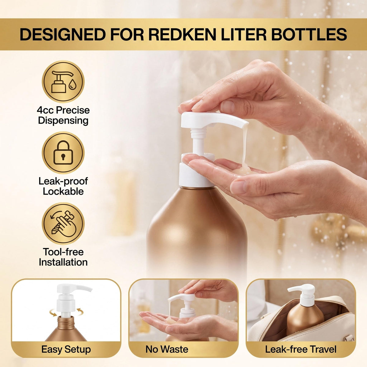 Seashell 3 Pack Shampoo/Conditioner Pump Compatible with Redken 1 L/33.8 Fl Oz Bottles, Dispensing Liter Pump for Redken Shampoo and Conditioner Bottles Replacement Pumps