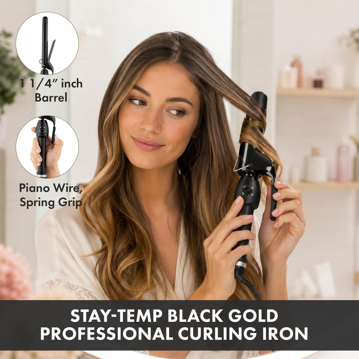 Gray Stay-Temp Black Gold Ceramic 1 1/4” Curling Iron for All Hair Types