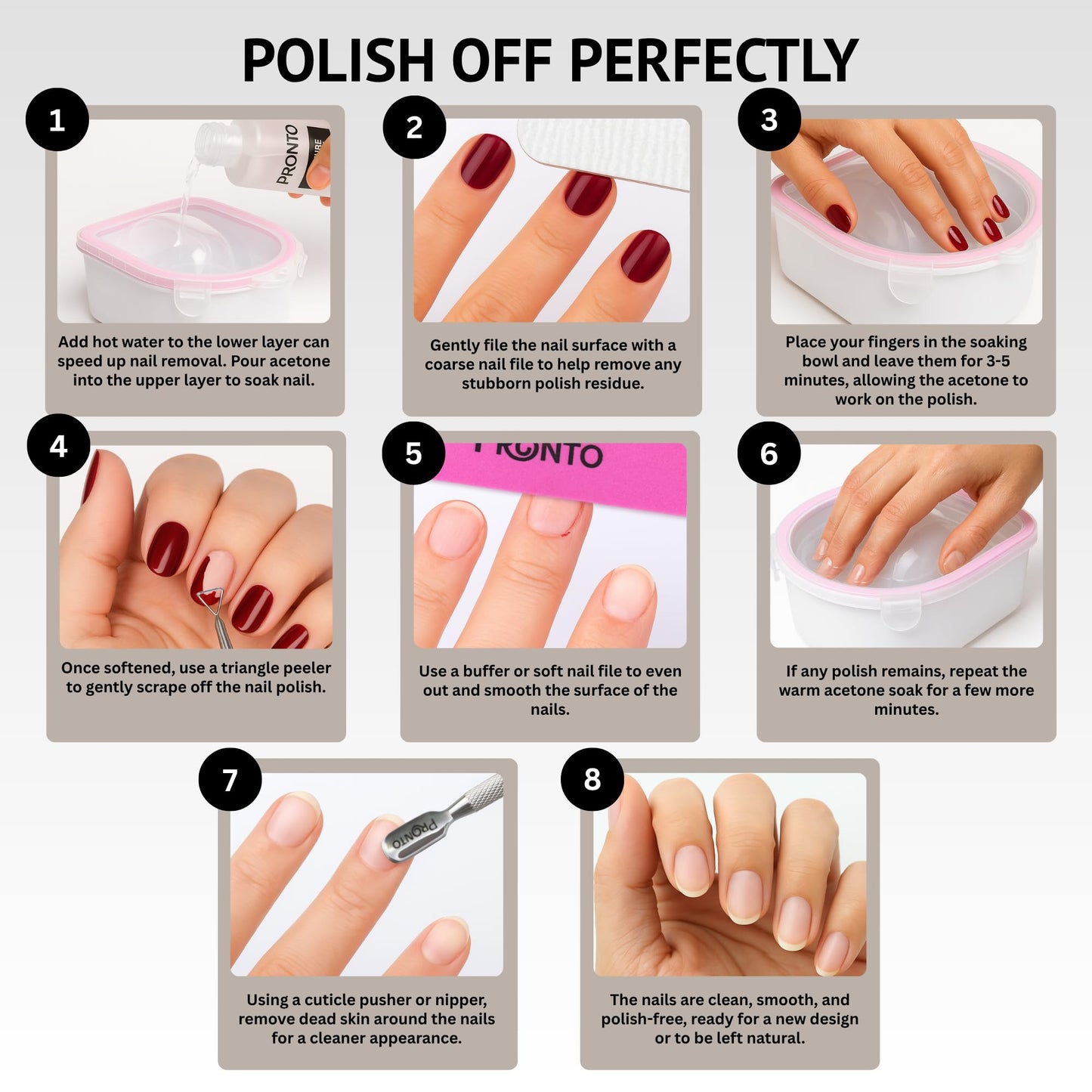White Smoke Pronto Gel Nail Polish Remover Kit – 8 Oz Pure Acetone 100 Percent, Nail File & Nail Polish Soak Off Bowl for Nail Care + Manicure Set with Nail Buffer Block, Cuticle Pusher & Nail scraper