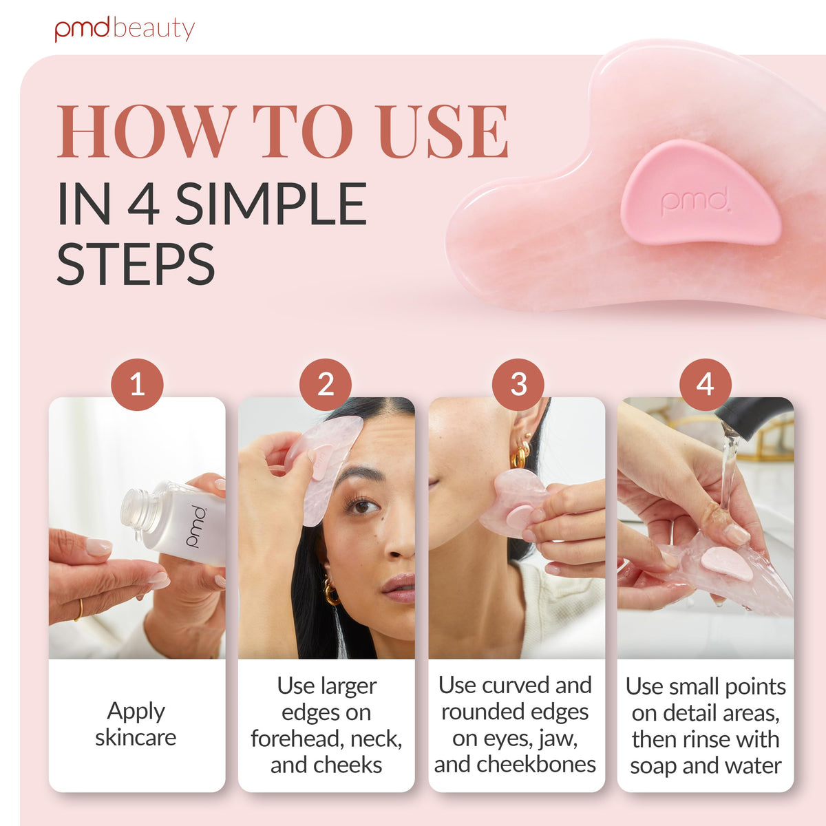 Misty Rose PMD Beauty Gua Sha Facial Tools - Massaging, Sculpting and Depuffing Guasha Tool for Face with Rose Quartz and Silicone Grip - Reduce Tension & Inflammation