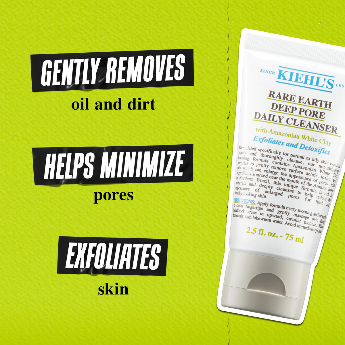 Yellow Green Kiehl's Rare Earth Deep Pore Daily Cleanser, Gentle Exfoliating Face Wash for Oily Skin, Detoxifies & Exfoliates Skin, Minimizes Pores, with Amazonian White Clay, Fragrance-free - 5 fl oz