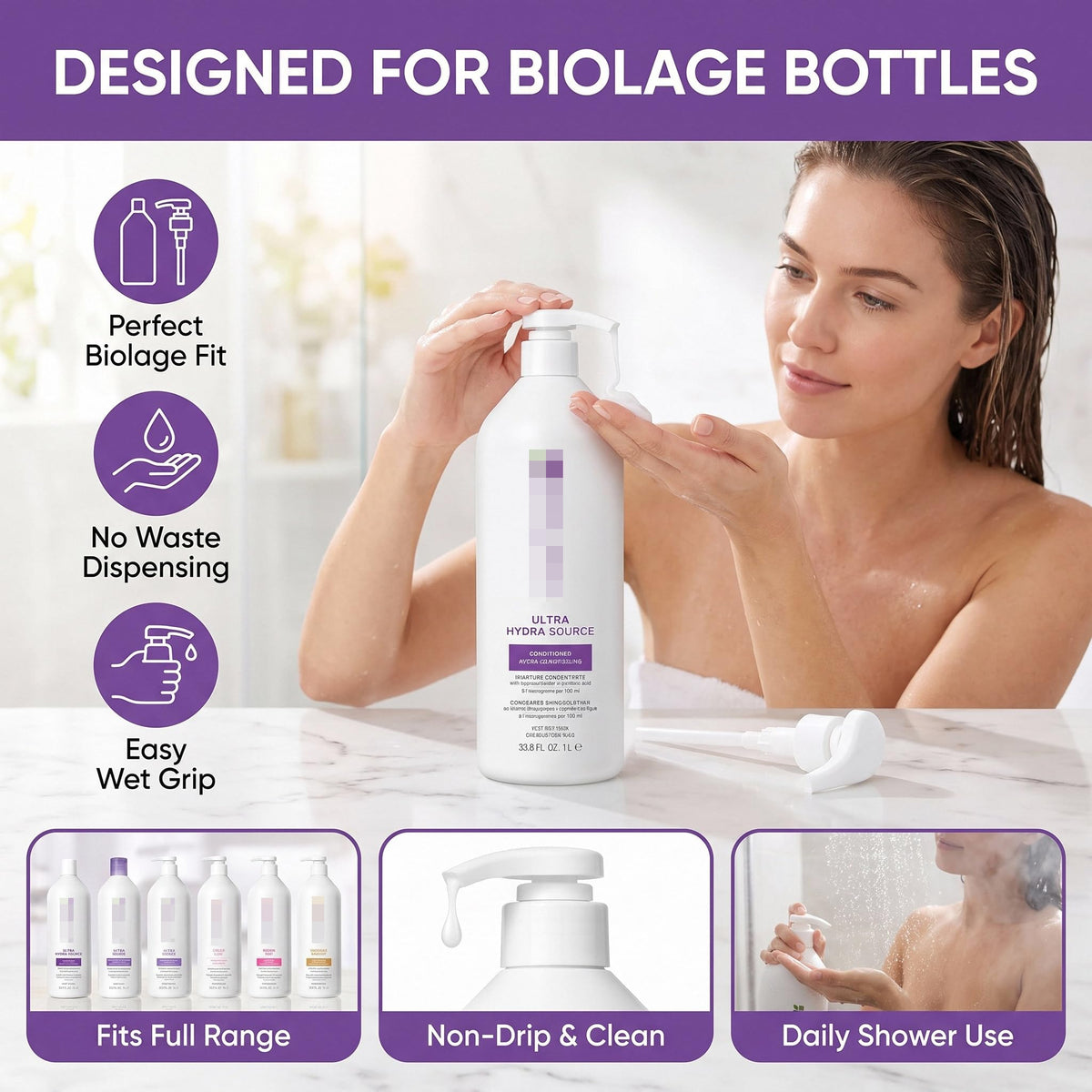 White Smoke 2 Pack Liter Pump for Biolage Shampoo and Conditioner 33.8 oz Bottles, Liter Pump for Biolage, Dispensing Pump for Shampoo 1 L/33.8 Fl Oz Bottle Pumps Dispenser