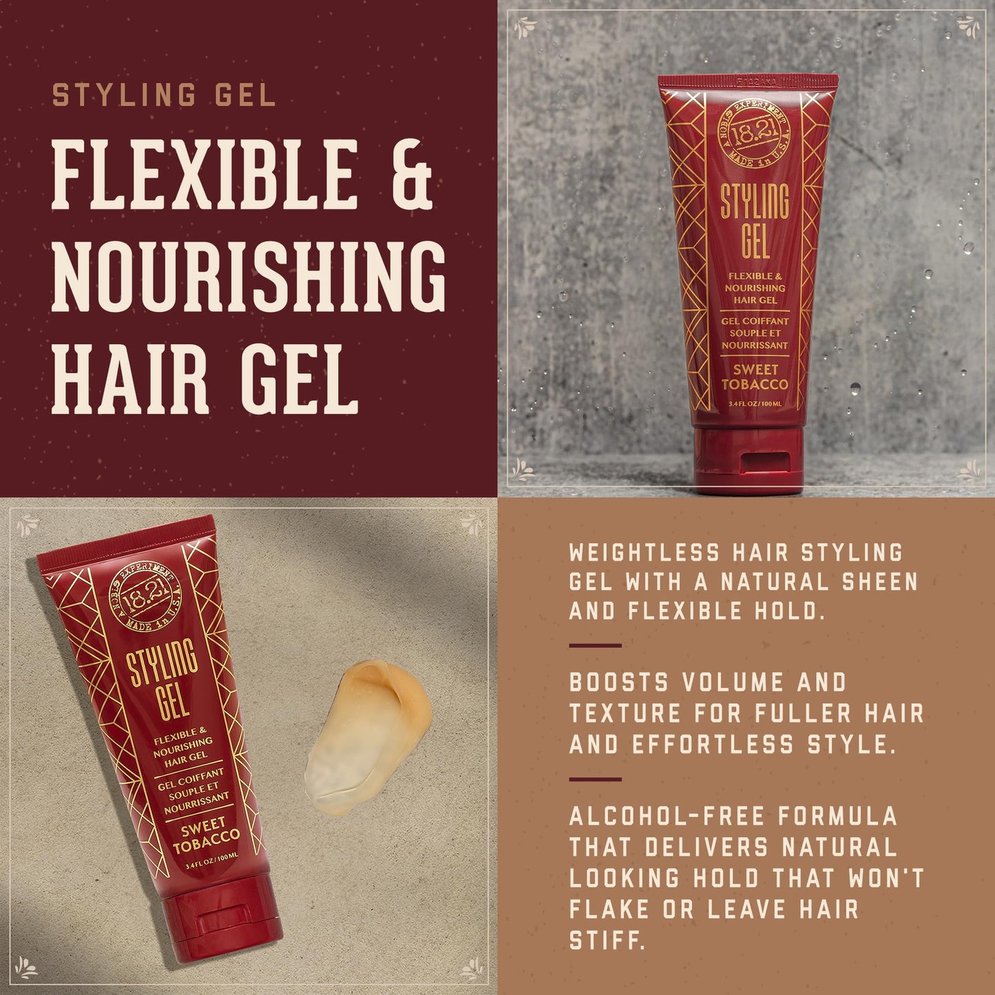 Sienna 18.21 Man Made Hair Styling Gel for Men, Weightless All-Day Flexible Hold, 3oz. Original Sweet Tobacco Scent