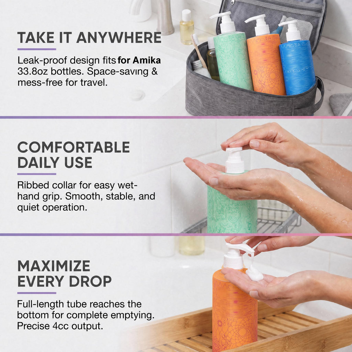Lavender 2 Packs Pump Compatible with amika Shampoo and Conditioner 1L/33.8 Fl Oz Bottles, Dispensing Liter Pump for amika Shampoo/Conditioner