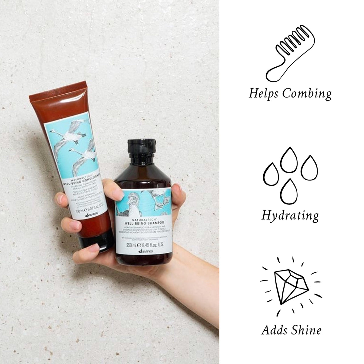 White Smoke Davines Naturaltech WELLBEING Shampoo & Conditioner, Light And Gentle Cleansing To Moisturize, Protect and Enrich Without Changing Hair's Structure