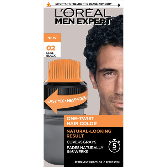 Black L’Oreal Paris Men Expert One Twist Mess Free Permanent Hair Color, Mens Hair Dye to Cover Grays, Easy Mix Ammonia Free Application, Real Black 02, 1 Application Kit