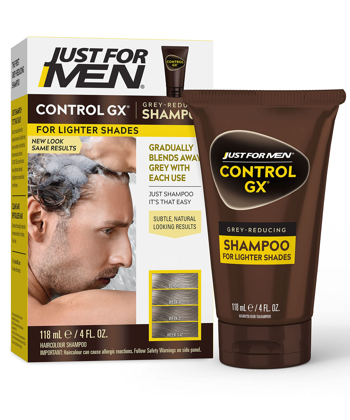 White Smoke Just for Men Control GX Grey Reducing Shampoo for Lighter Shades of Hair, Blonde to Medium Brown, Gradual Hair Color, 4 Fl Oz
