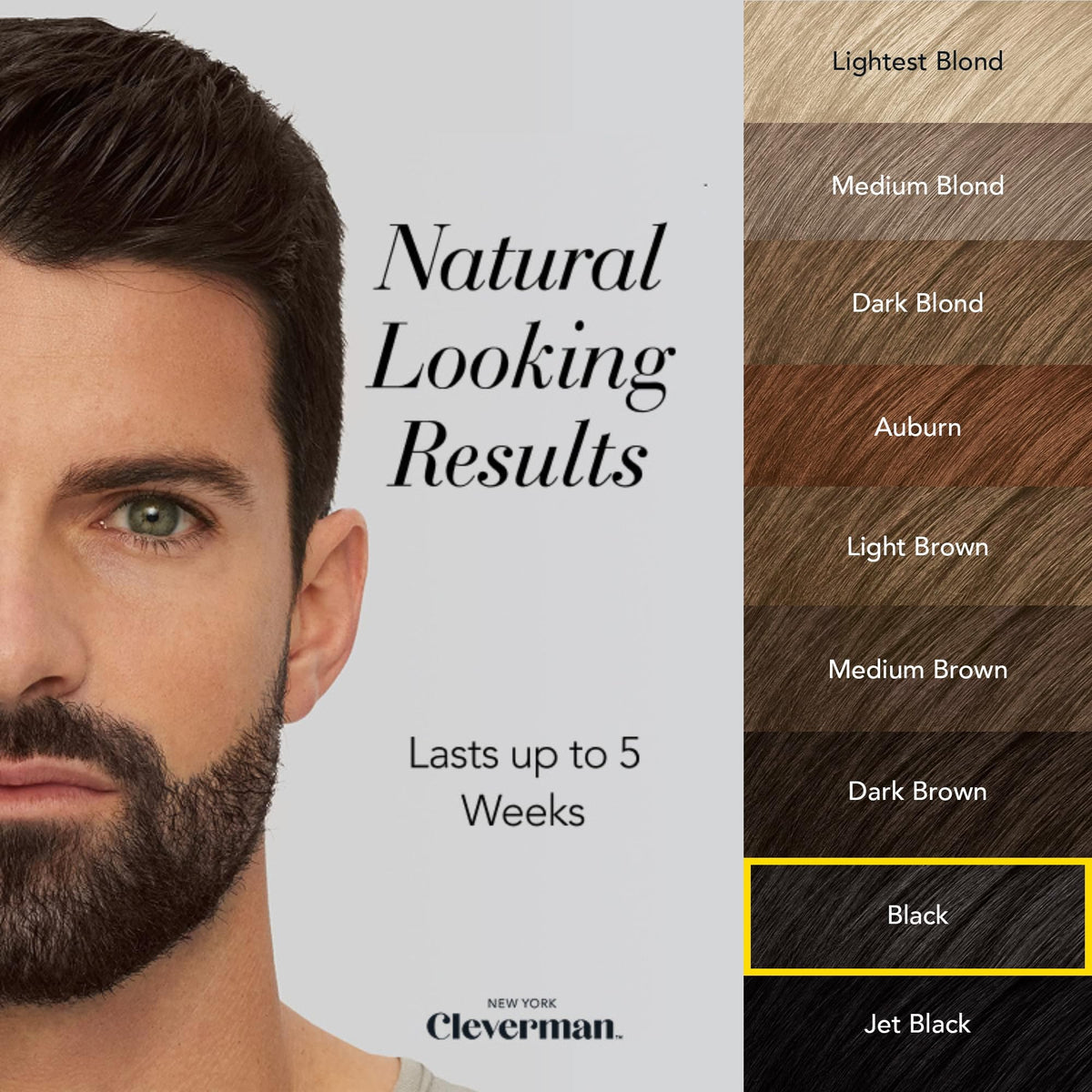 Light Gray Cleverman Hair & Beard Dye for Men, Black 1.0, Gray Coverage, Up to 5 Uses