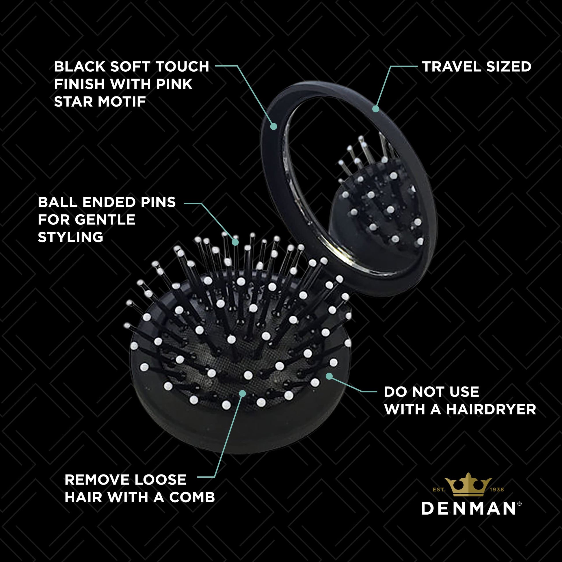 Black Denman D7 Compact Popper Hairbrush, D007EBSR