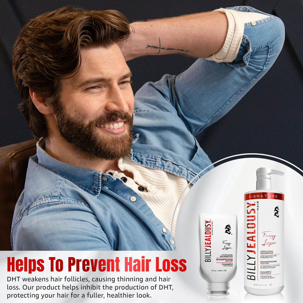 White Smoke Billy Jealousy Fuzzy Logic Men's Shampoo for Thinning Hair, Peppermint-Infused, With DHT Blockers to Prevent Hair Loss and Breakage, Cleans Thoroughly, Adds Volume, 33.8 Fl Oz