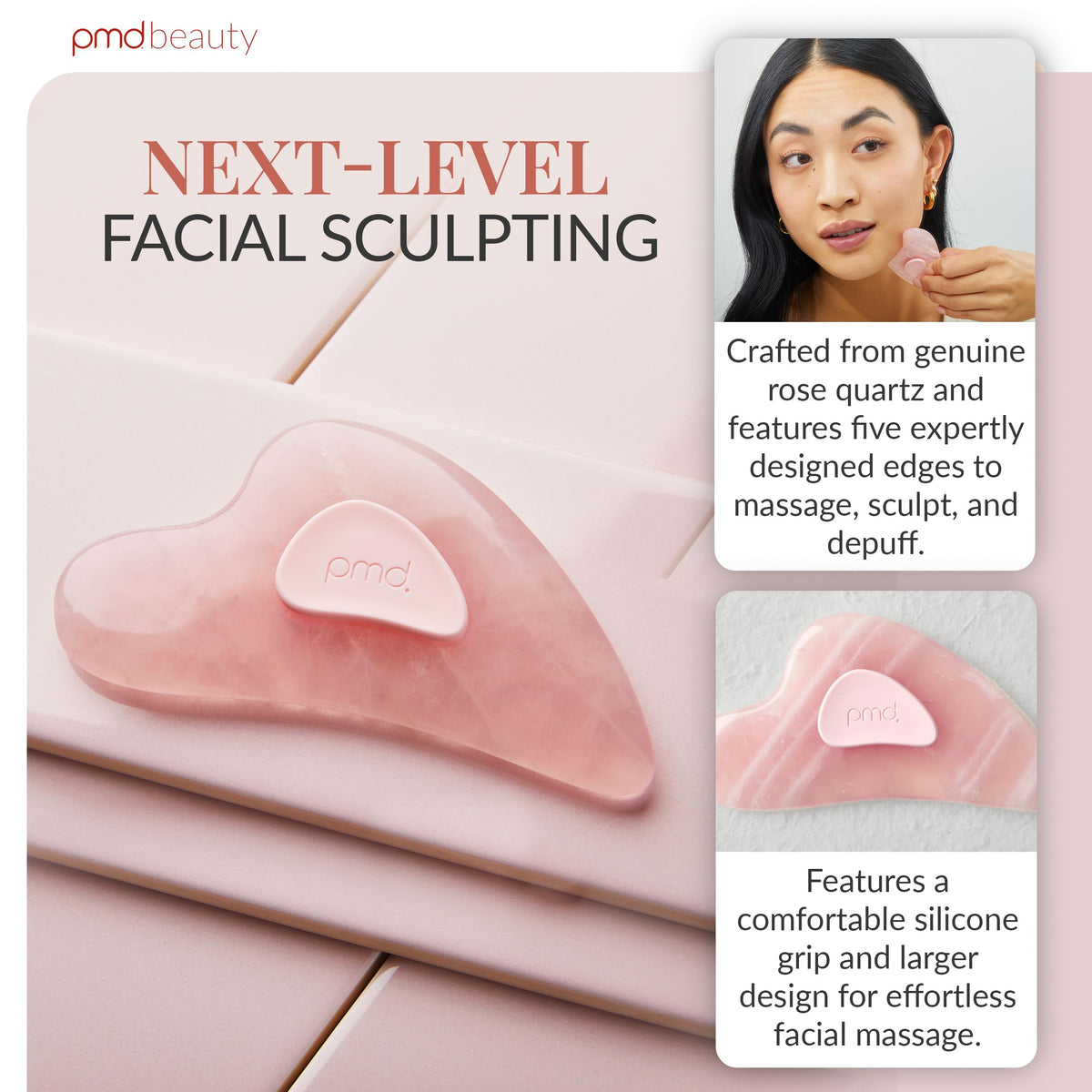 Light Gray PMD Beauty Gua Sha Facial Tools - Massaging, Sculpting and Depuffing Guasha Tool for Face with Rose Quartz and Silicone Grip - Reduce Tension & Inflammation