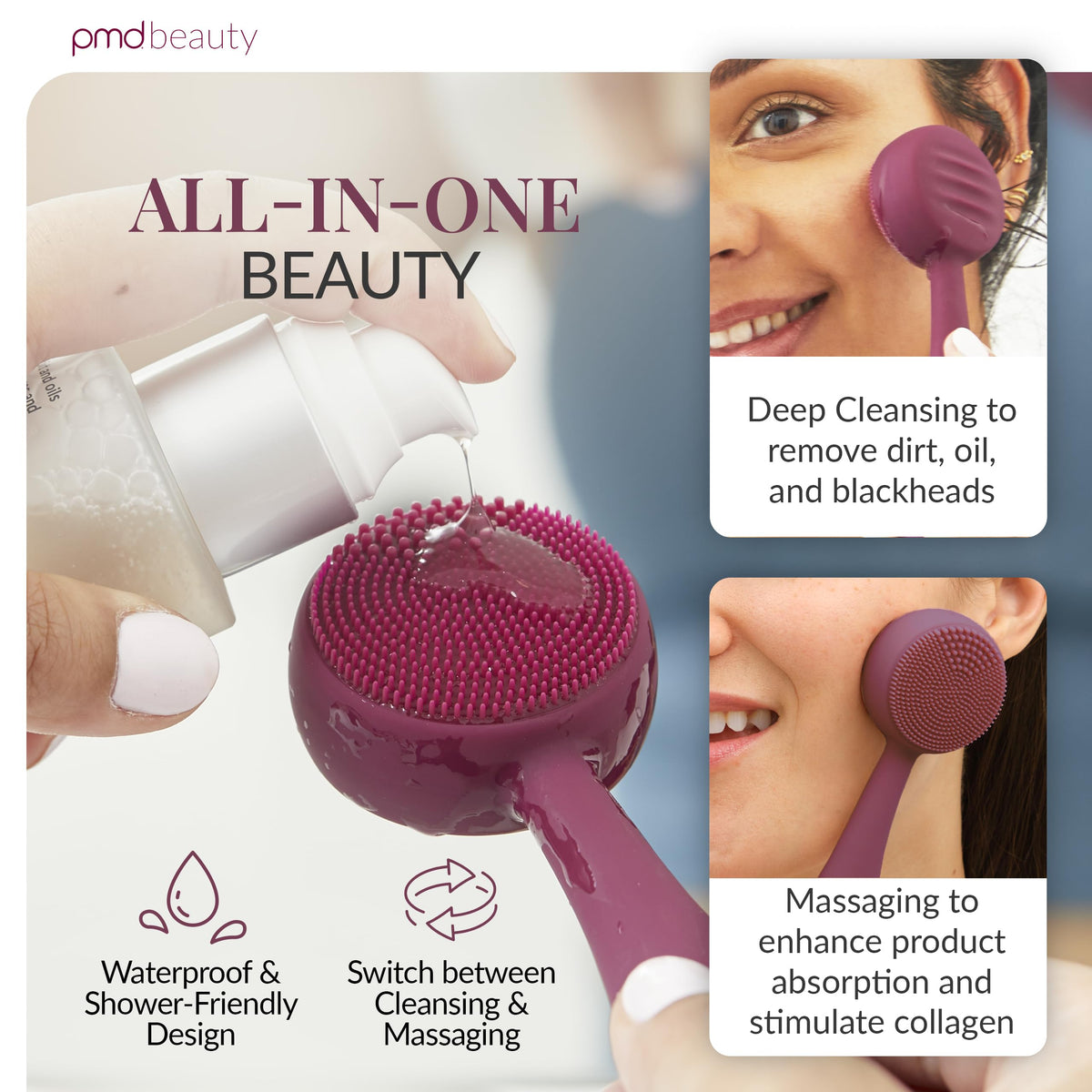 Lavender PMD Beauty Clean Facial Cleansing Brush – Waterproof Silicone Face Cleanser with Sonic Technology