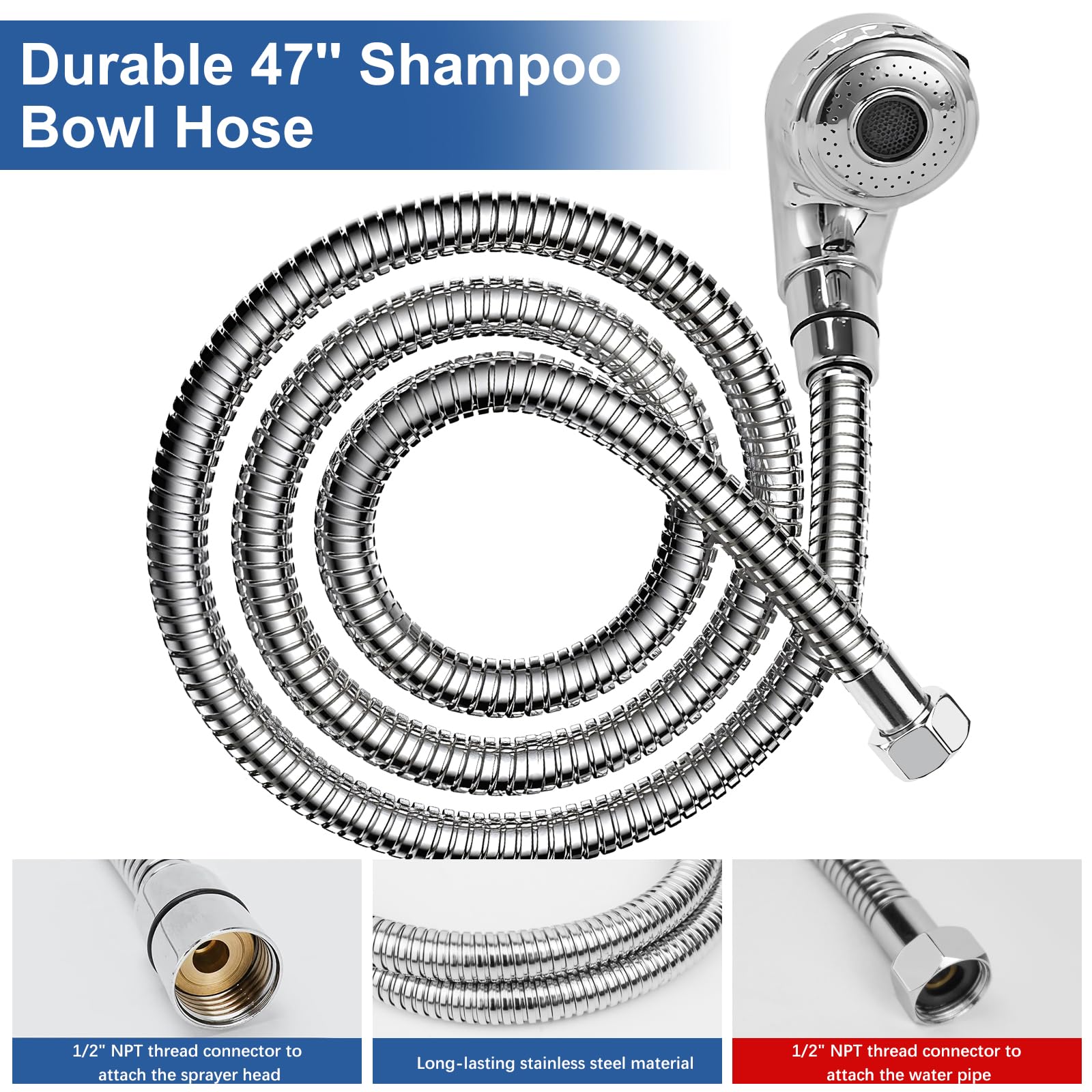 White Smoke Garaook G1/2" Connector Shampoo Bowl Hose Sprayer Kit, 47 Inch Stainless Steel Shampoo Hose with Compact Spray Head to Attach Shampoo Bowl Faucet Vacuum Breaker Kit for Salon Sink & Shampoo Bowl