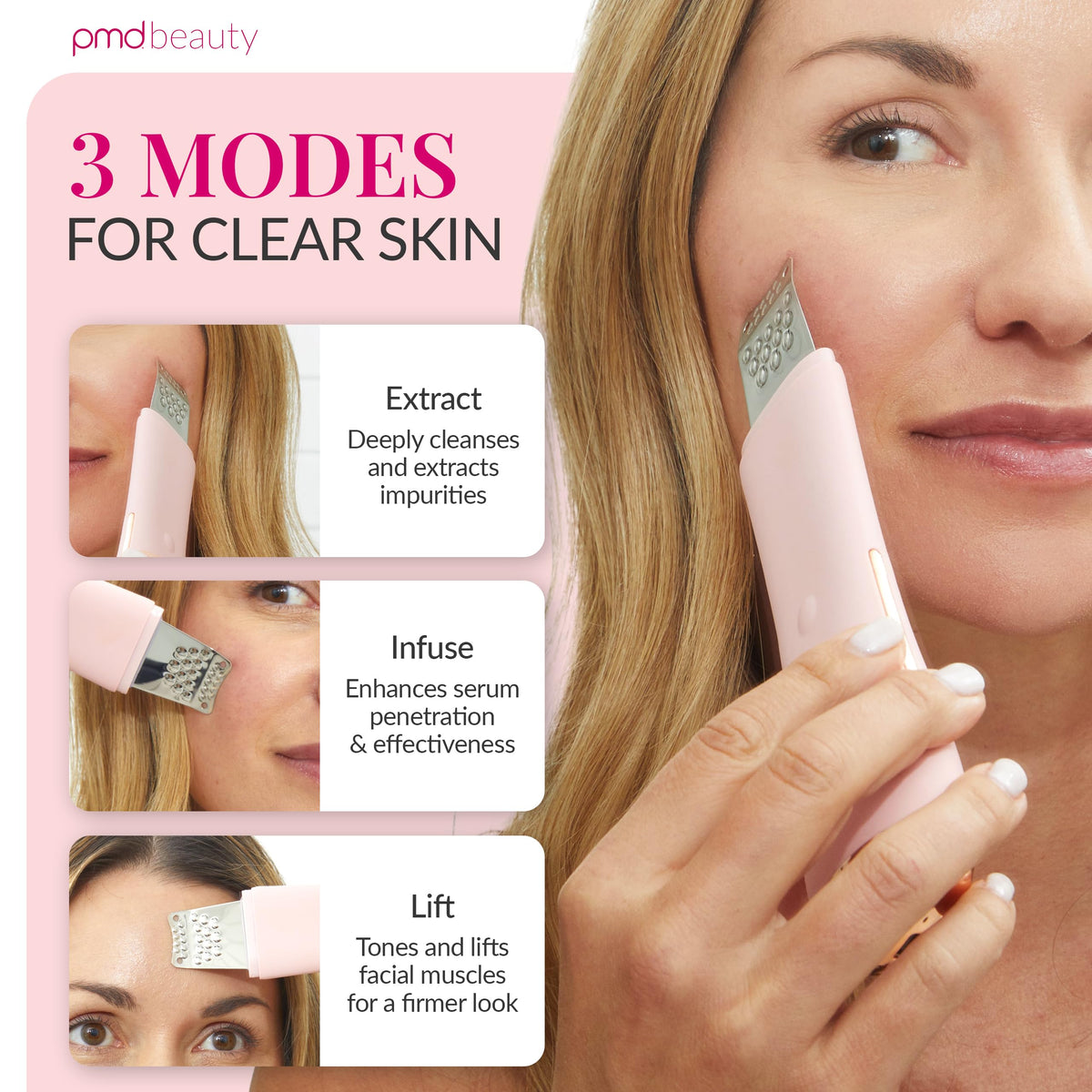 White Smoke PMD Wave Pro Skin Spatula, Professional-Grade Facial Skin Care Products, Blackhead Remover Tools with SonicGlow, E-Wave, Clear Pores, Blackheads and Whiteheads, Blush