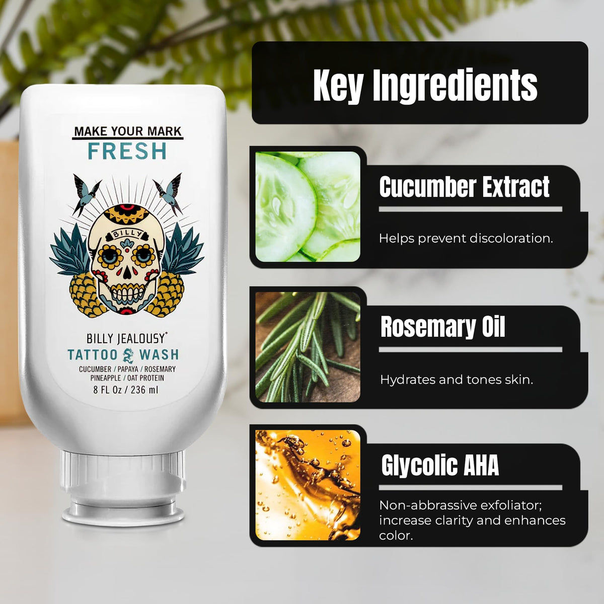 Gray Billy Jealousy Make Your Mark Fresh Tattoo Wash, Cleansing and Hydrating Tattoo Aftercare Enriched With Cucumber and Rosemary