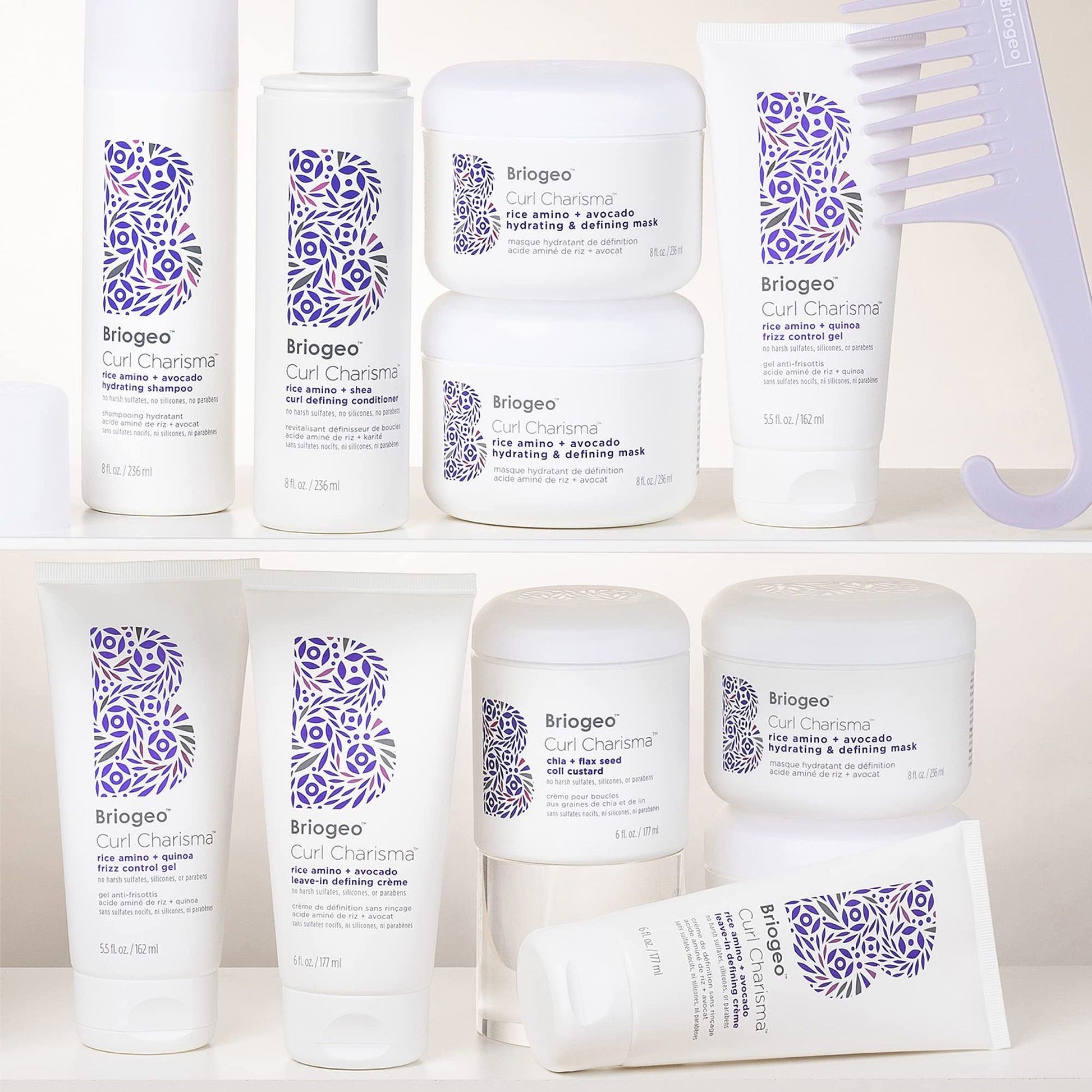 Lavender Briogeo Curl Charisma Rice Amino + Avocado Leave-In Defining Crème, Anti Frizz Hair Styling Moisturizer, Leave In Cream for Wavy, Curly, Coily Hair, Boosts Hydration, Vegan, Cruelty-Free