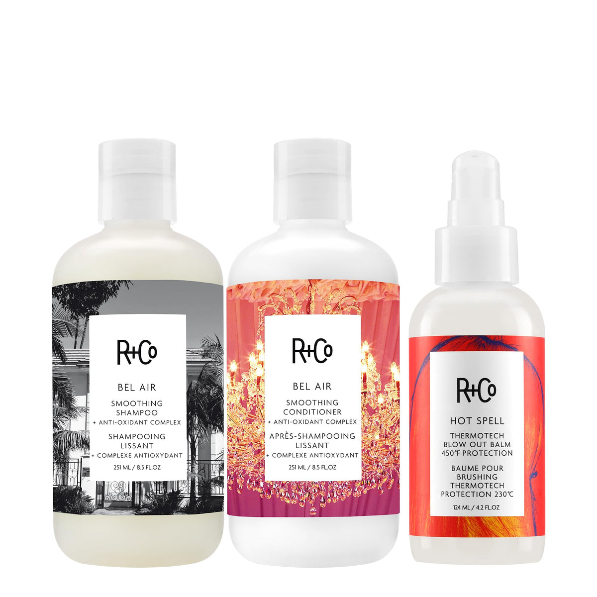 White Smoke R+Co BEL AIR Shampoo, Conditioner & HOT SPELL ThermoTech Blow Out Balm Bundle – Frizz Control, Smoothness & Heat Protection up to 450°F – Vegan & Cruelty-Free Hair Care Set