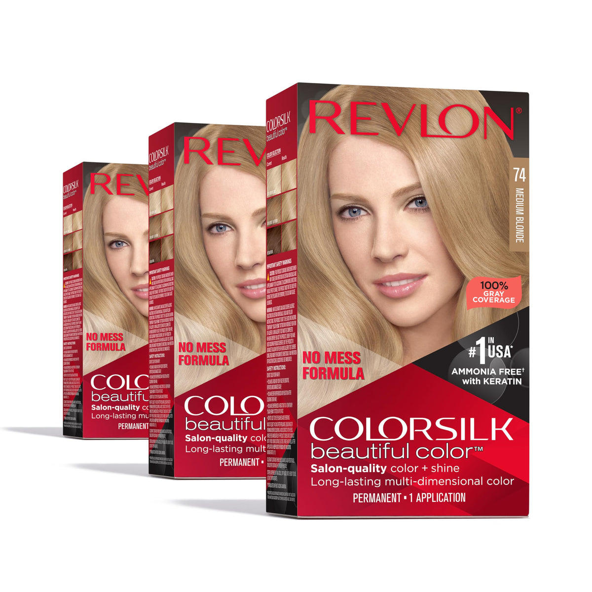 White Smoke Revlon ColorSilk Permanent Hair Color, 100% Gray Coverage Dye Kit, Ammonia-Free, Keratin and Amino Acids, Blonde Shades, 74 Medium Blonde (Pack of 3)