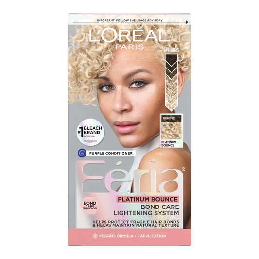 Gray L’Oreal Paris Feria Platinum Bounce Bond Care Lightening System, Lifts Up To 8 Levels, Includes Anti Brass Purple Conditioner, Platinum Bounce, 1 Hair Dye Kit