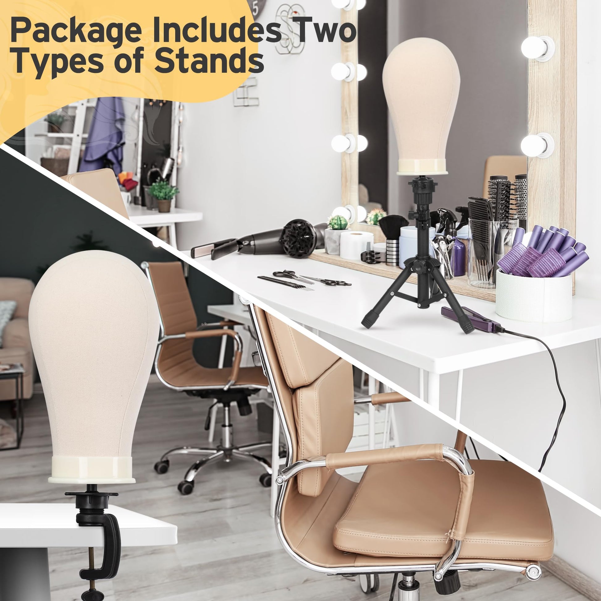 Lavender Klvied Wig Mannequin Stand for Desktop, Dual-use 22 Inch Canvas Wig Head Display, Adjustable Clamp Wig Holder, Manikin Head Stand Set for Cosmetology Hairdressing Training with Carrying Case