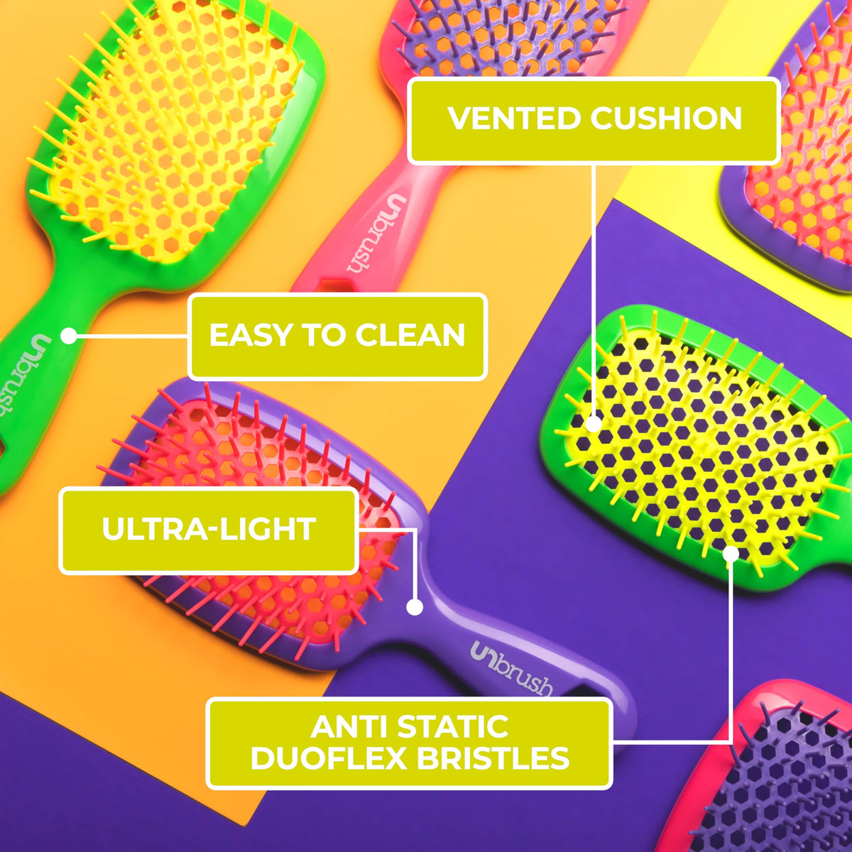 Sandy Brown FHI Heat UNbrush Detangling Brush (3-Pack Bundle) — Hair Brush for All Wet/Dry Hair Types — Pain-Free Detangler Brush w/DuoFlex Anti Static Bristles — Lightweight Travel Hair Brush (Neon Collection)