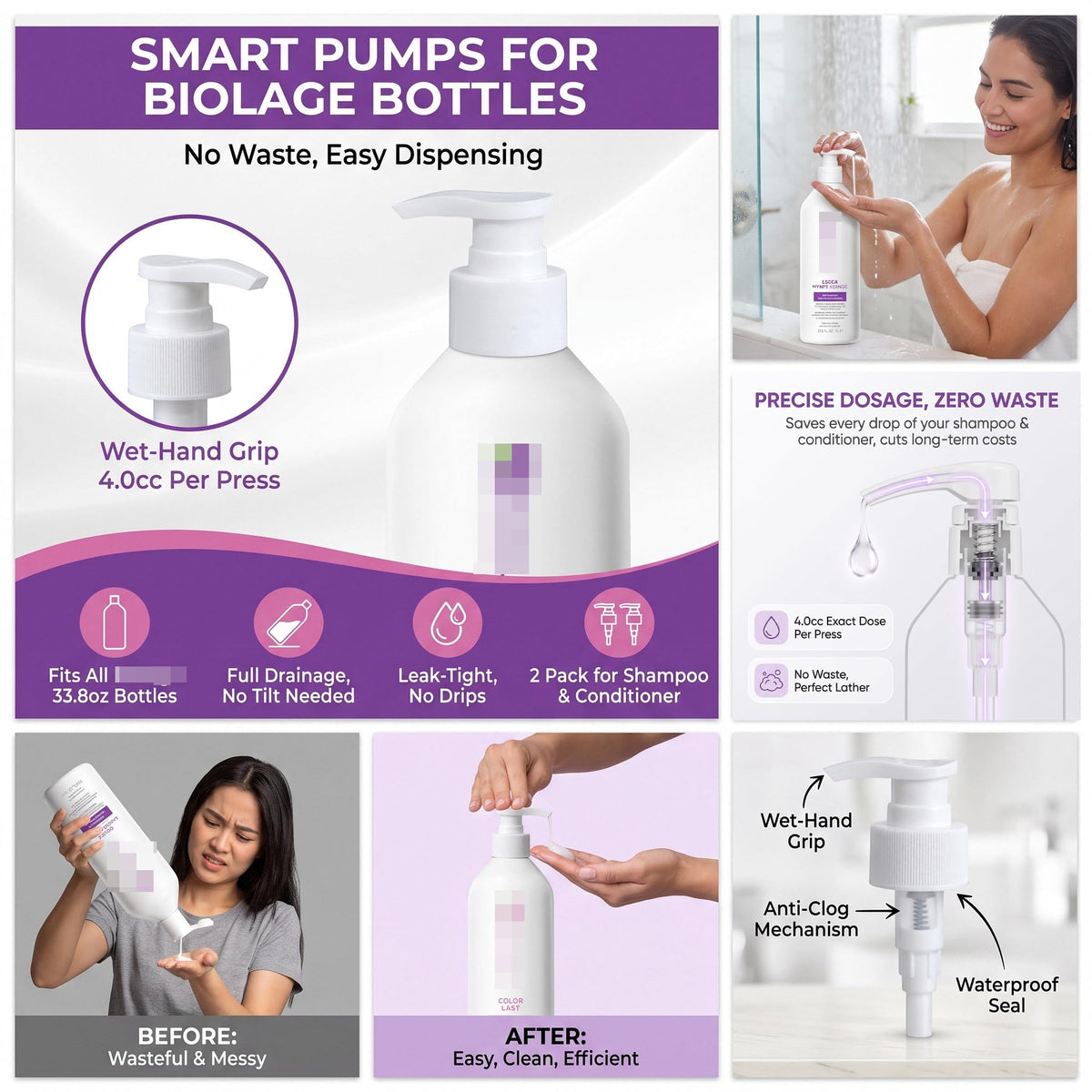 White Smoke 3 Pack Liter Pump for Biolage Shampoo and Conditioner 33.8 oz Bottles, Liter Pump for Biolage, Dispensing Pump for Shampoo 1 L/33.8 Fl Oz Bottle Pumps Dispenser
