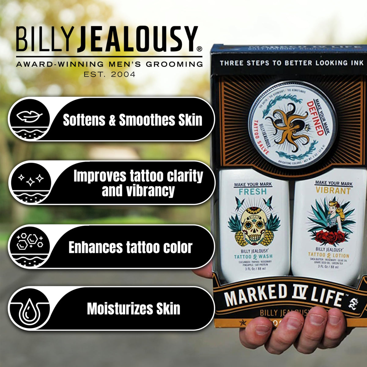 Black Billy Jealousy Marked IV Complete Tattoo Care Kit, Make Your Mark Defined, Fresh and Vibrant, Includes Aftercare Ink Salve, Brightening Soap and Moisturizing Tattoo Lotion