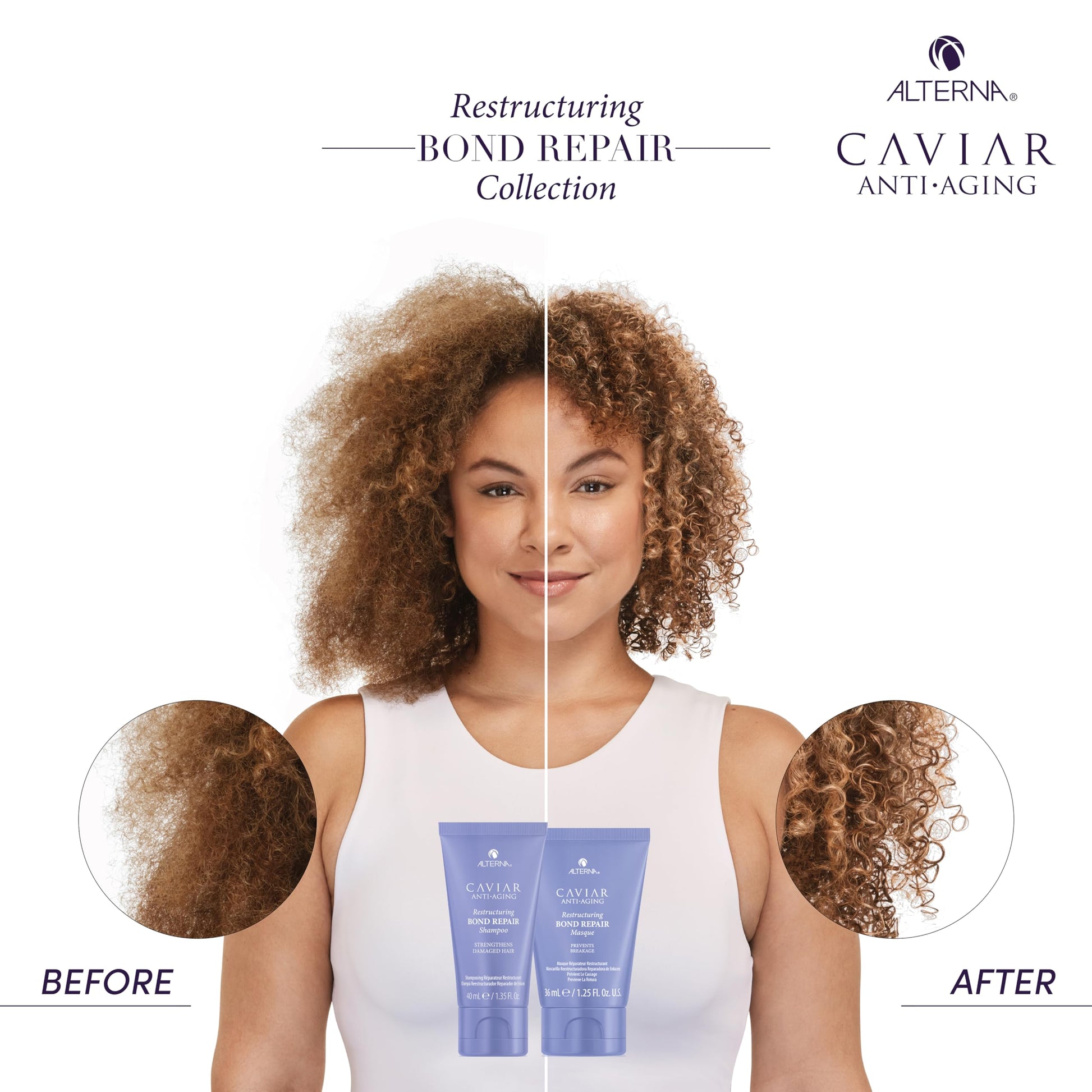 White Smoke Alterna Haircare CAVIAR Anti-Aging Restructuring Bond Repair Travel Kit - Shampoo, Conditioner, Masque | Strengthens and Protects Damaged Hair