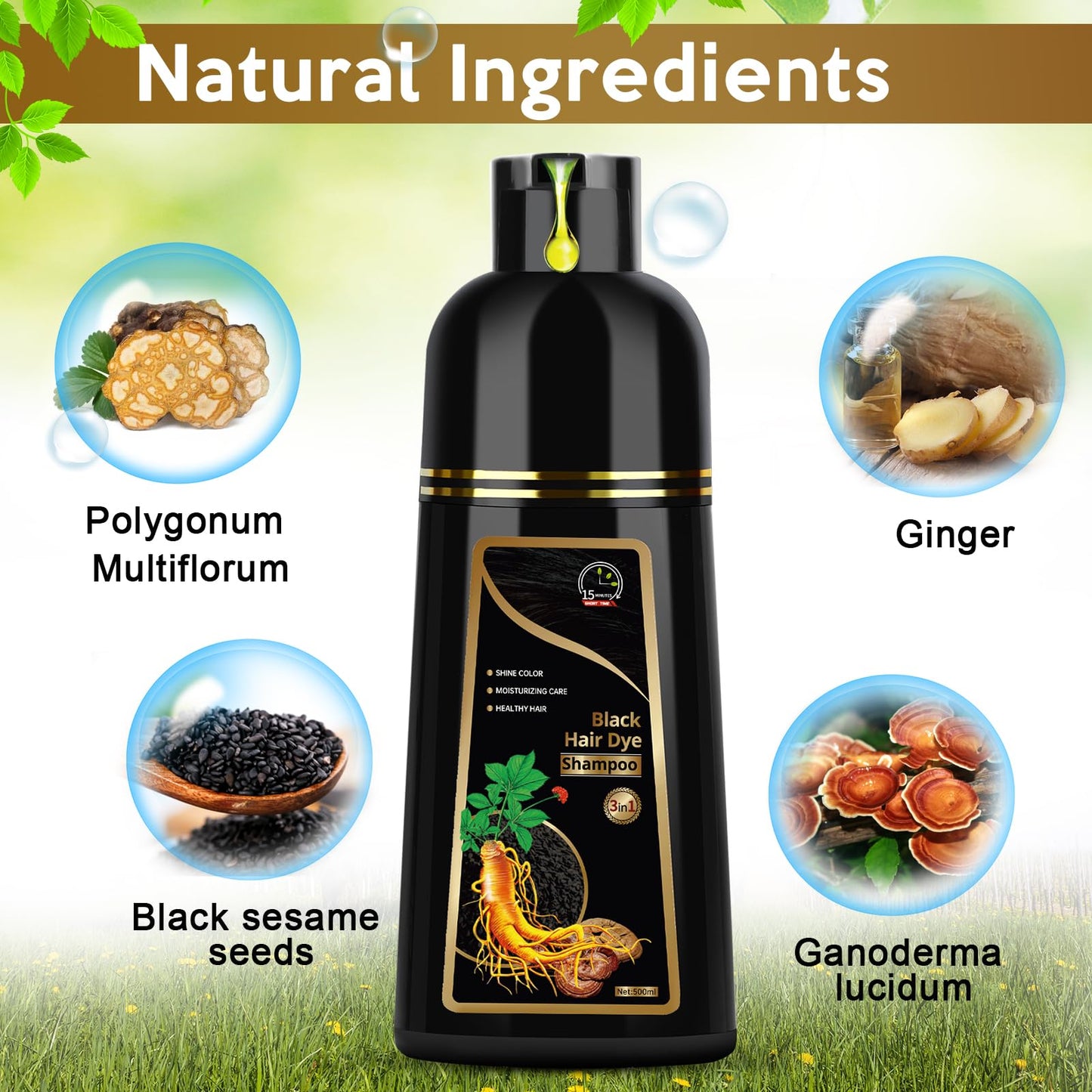 White Smoke Hair Dye Shampoo for Gray Hair, 3 in 1 Herbal Dye for Women Men, Hair Color Shampoo 500ml (Black)