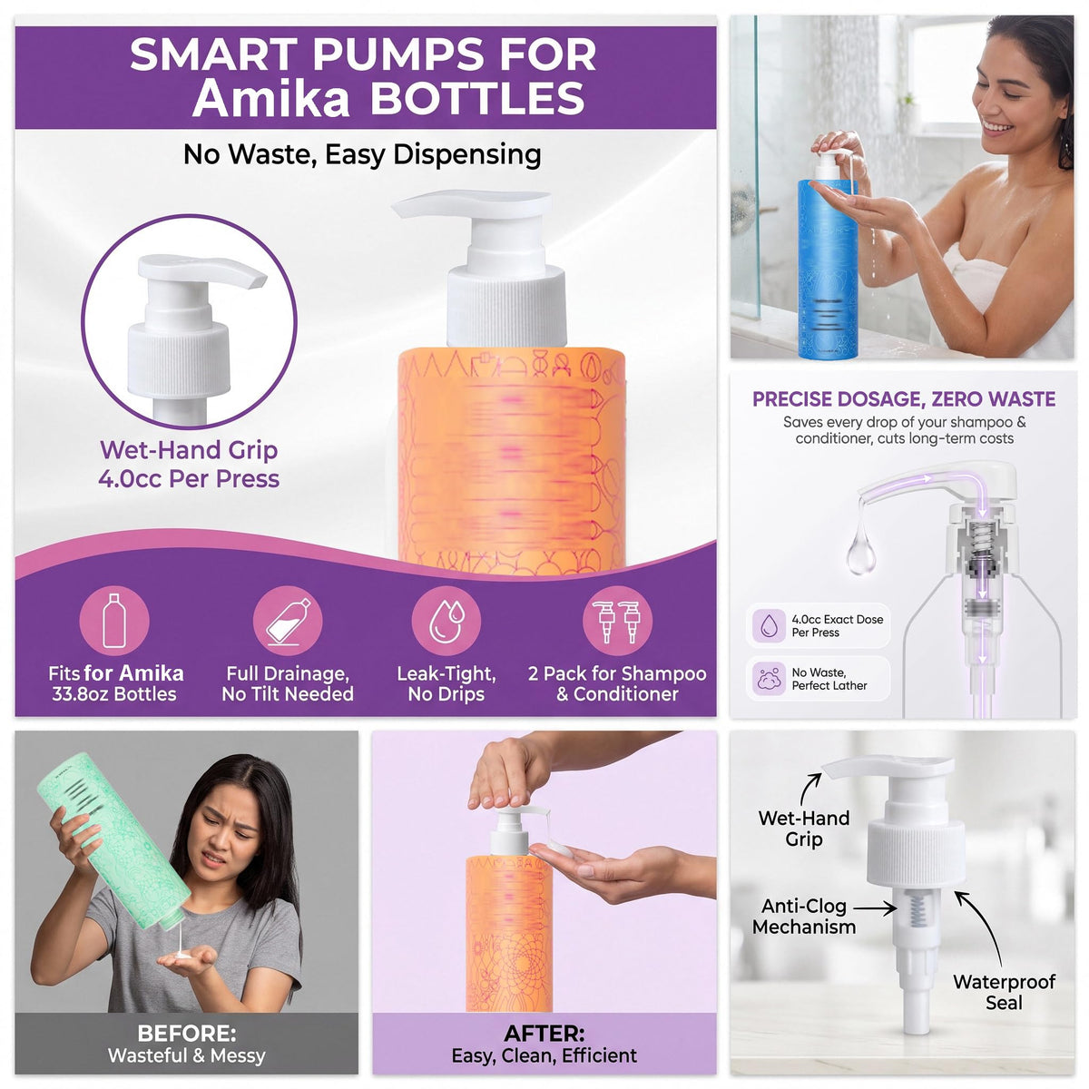 White Smoke Pump Compatible with amika Shampoo and Conditioner 1L/33.8 Fl Oz Bottles, Dispenser Liter Pump for amika Shampoo/Conditioner, 3 Packs