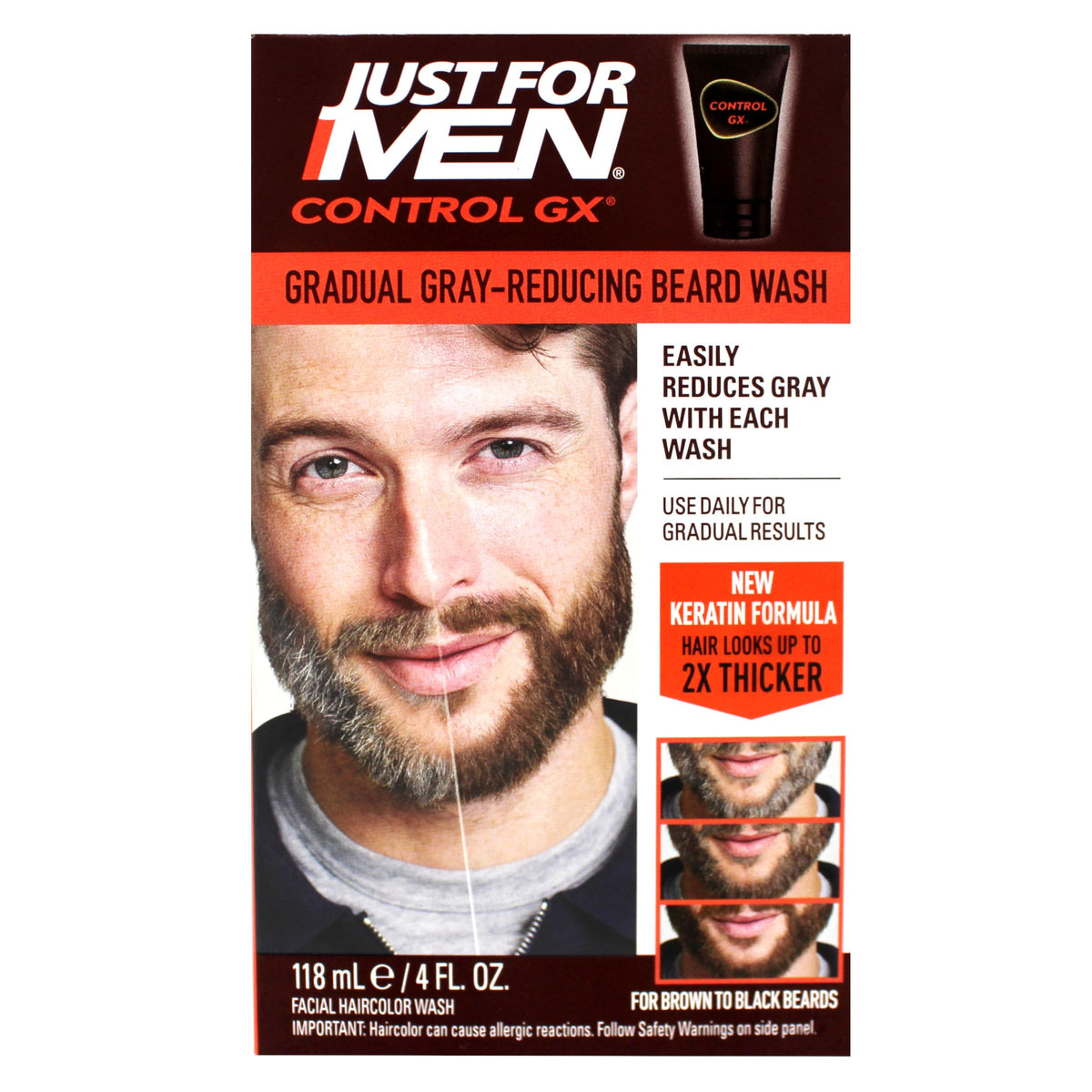 Black Just for Men Control GX Grey Reducing Beard Wash with Keratin, 4 Fl Oz (Packaging May Vary) - 2 Pack