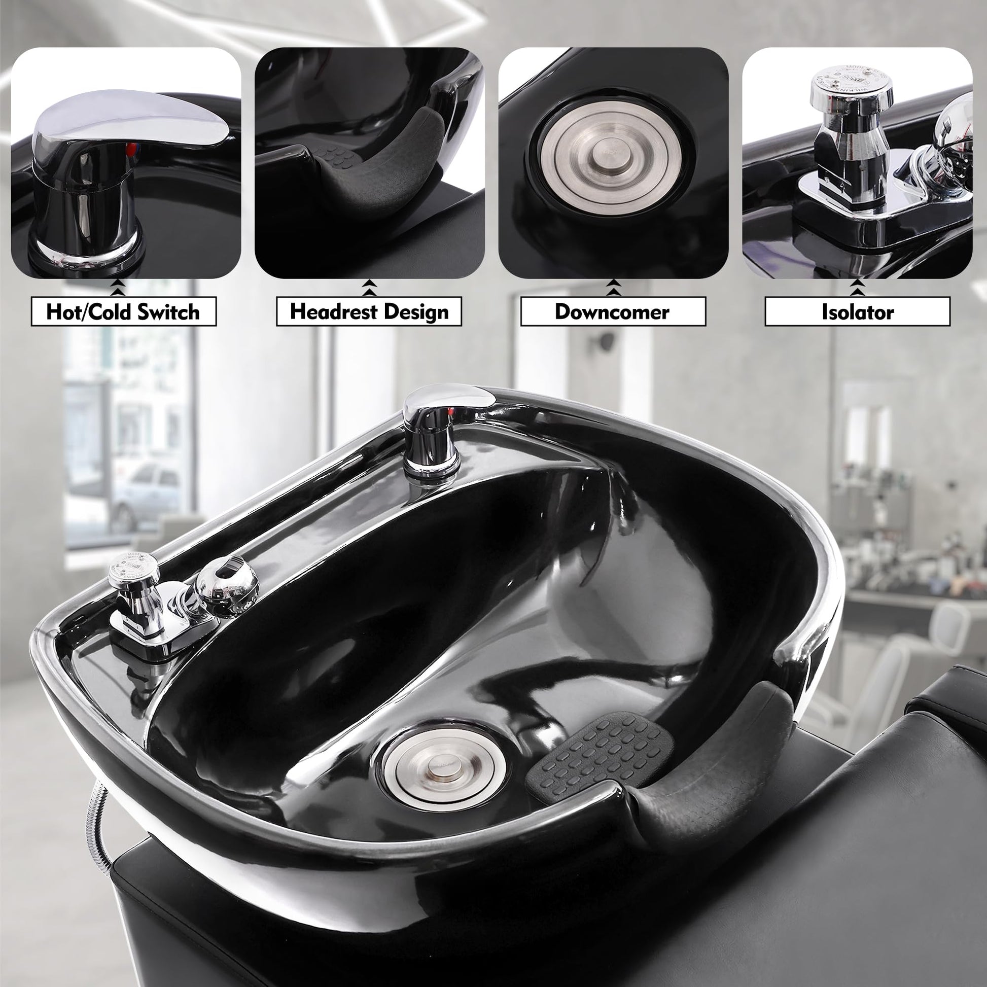 Black KIGOTY Shampoo Backwash Unit, Shampoo Bowl and Chair Set with Ceramic Sink, Reclining Shampoo Station with Footrest, Backwash Barber Chair for Salon Spa, Black