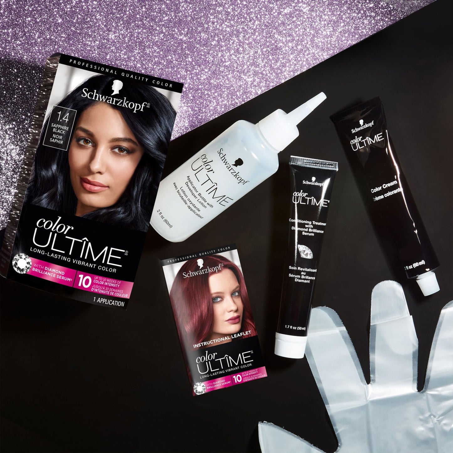 Black Schwarzkopf Color Ultime 1.4 Sapphire Black Hair Dye, Permanent Intense Black with Diamond Brilliance, Fade-Resistant, Covers Grays, All Hair Textures