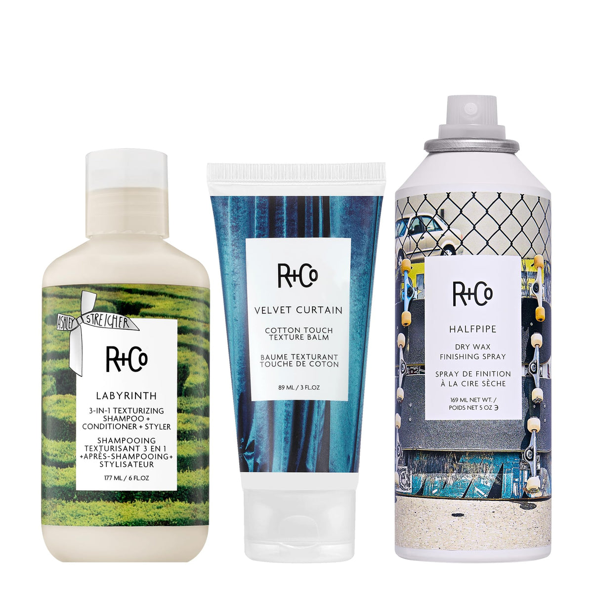 White Smoke R+Co LABYRINTH 3-in-1 Texturizing Shampoo + Conditioner + Styler