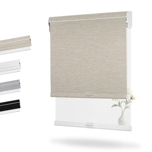 White Smoke Boolegon Dual Roller Shades, Cordless Double Window Shades Blackout and Light Filtering Shades with Valance, Day and Night Roller Blinds for Home Office Door, Jacquard Beige & White, Custom Size