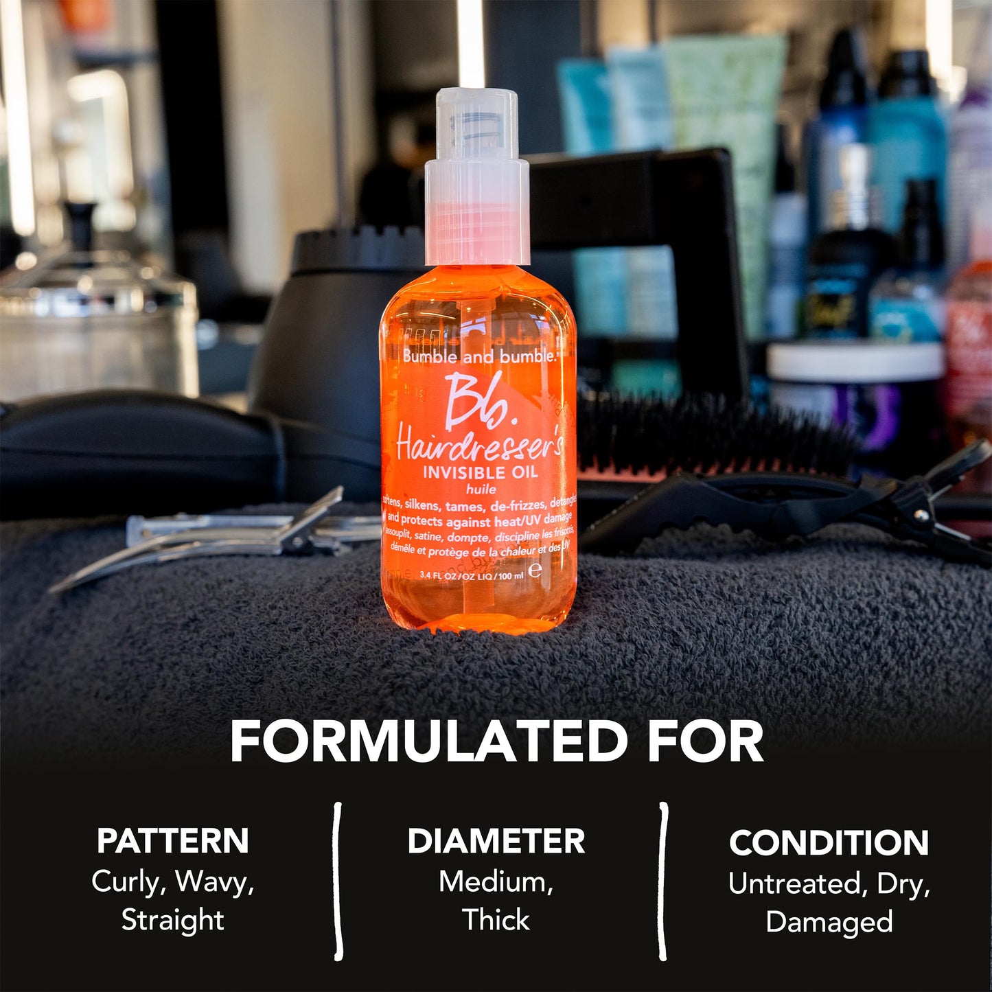 Black Bumble and bumble. Hairdresser's Invisible Oil Frizz-Reducing Hair Oil | Heat Protection, Frizz Control + Shine | Curly, Wavy, Straight | With Grapeseed, Coconut + Argan Oils, 3.4 Fl Oz