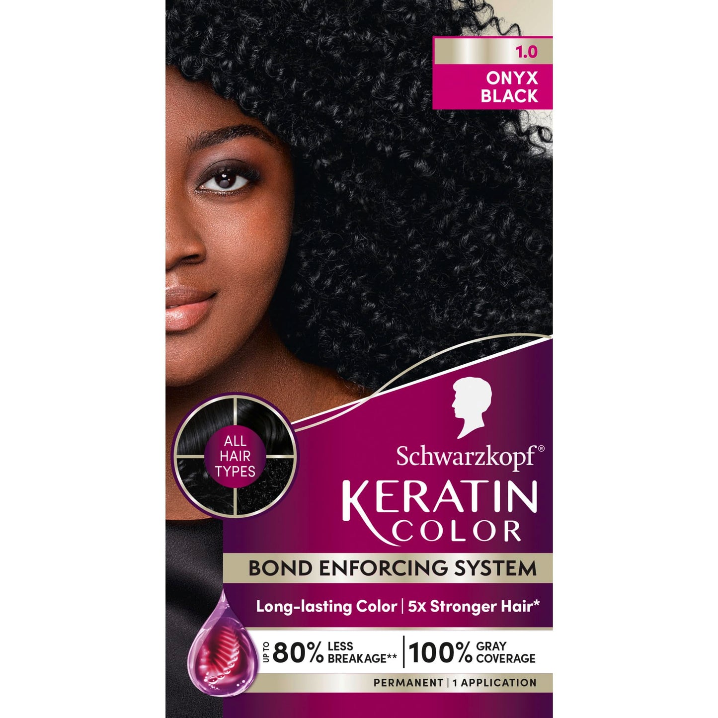 Black Schwarzkopf Keratin Permanent Hair Dye Cream, 1.0 Black Onyx, Professional Quality Color for Up to 100% Gray Coverage, Bond Enforcing System