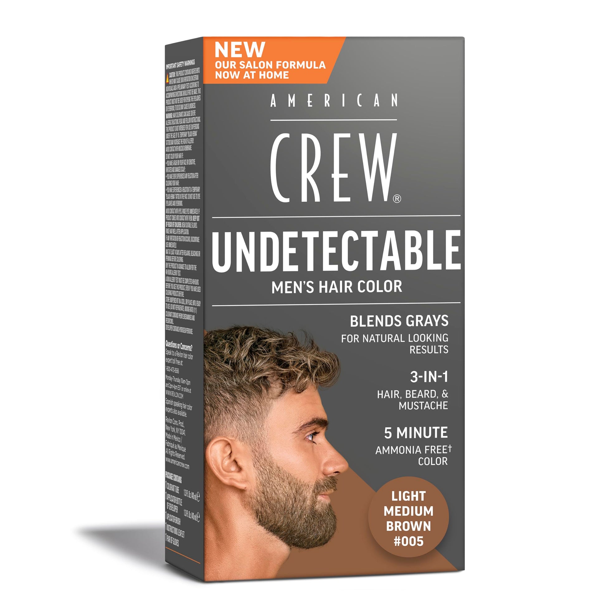 White Smoke American Crew Undetectable Men's Hair Color |Light Medium Brown Demi-Permanent Hair Dye | Natural-Looking Gray Coverage for Men, 005 Light Medium Brown, 1 pack