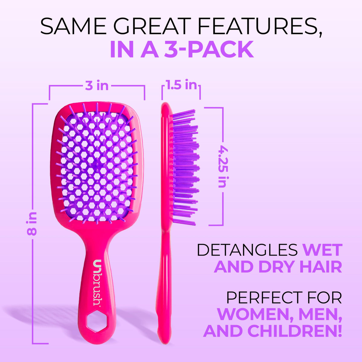 Lavender Blush FHI Heat UNbrush Detangling Brush (3-Pack Bundle) — Hair Brush for All Wet/Dry Hair Types — Pain-Free Detangler Brush w/DuoFlex Anti Static Bristles — Lightweight Travel Hair Brush (Neon Collection)