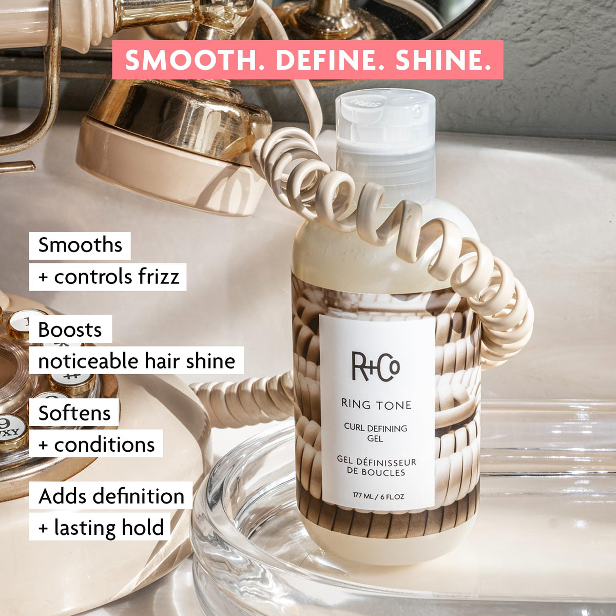 Light Gray R+Co RING TONE Curl Defining Gel, 6 oz/177 mL, Relative Paradise Scent