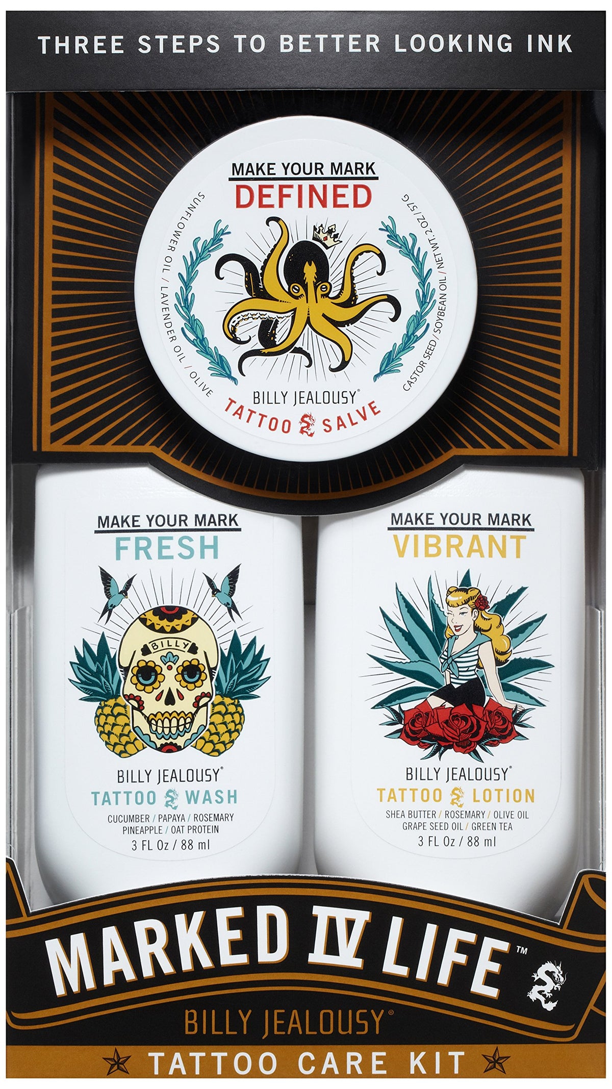 Lavender Billy Jealousy Marked IV Complete Tattoo Care Kit, Make Your Mark Defined, Fresh and Vibrant, Includes Aftercare Ink Salve, Brightening Soap and Moisturizing Tattoo Lotion