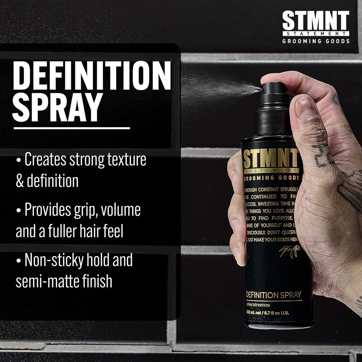 Black STMNT Grooming Goods Definition Spray, 6.76 fl. oz | Strong Texture | Semi-Matte Finish