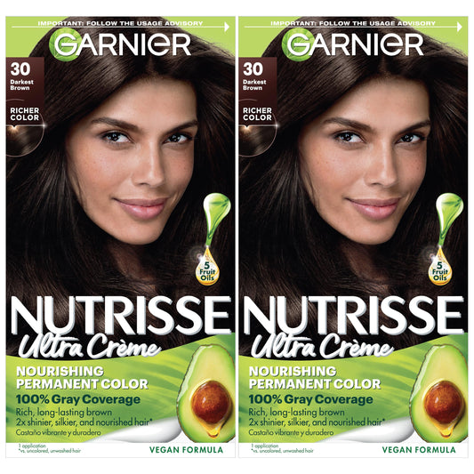 Black Garnier Nutrisse Ultra Crème Hair Color, Permanent Hair Dye with 100% Gray Coverage, Vegan & Cruelty-Free, 30 Darkest Brown (Sweet Cola), 2 Count
