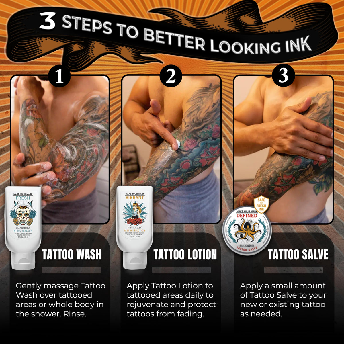 Black Billy Jealousy Marked IV Complete Tattoo Care Kit, Make Your Mark Defined, Fresh and Vibrant, Includes Aftercare Ink Salve, Brightening Soap and Moisturizing Tattoo Lotion