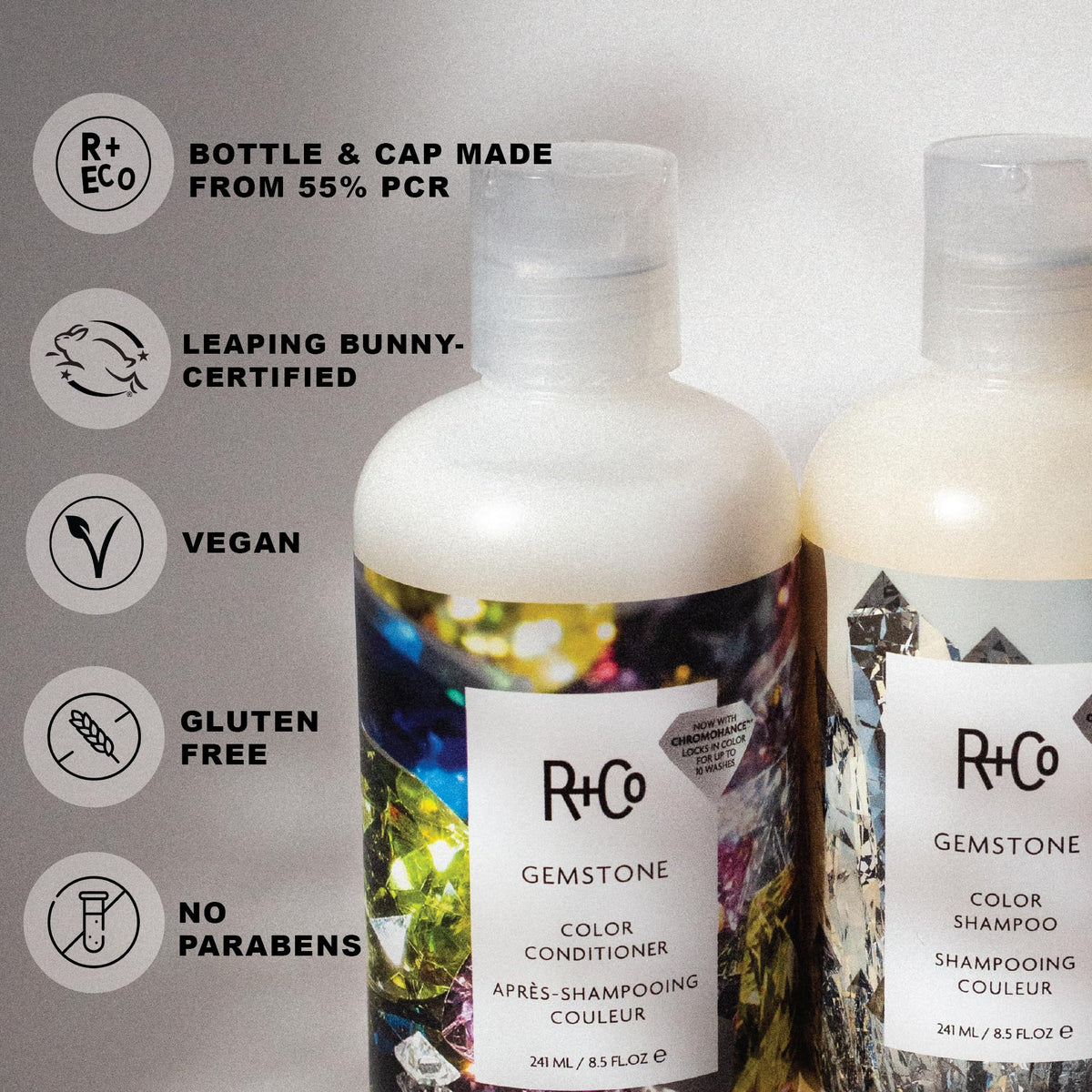 Light Gray R+Co Travel Size Shampoo and Conditioner