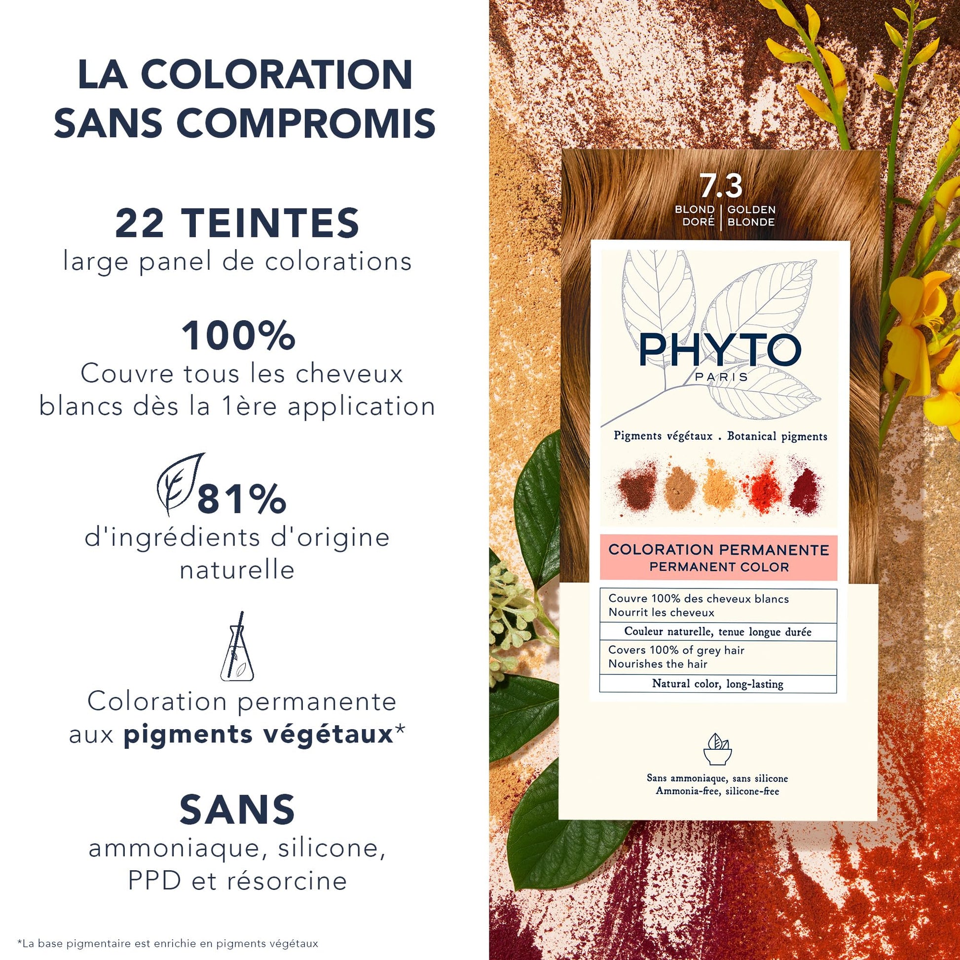 White Smoke PHYTO Phytocolor Permanent Hair Color, 7.3 Golden Blonde, with Botanical Pigments, 100% Grey Hair Coverage, Ammonia-free, PPD-free, Resorcin-free, 0.42 oz.