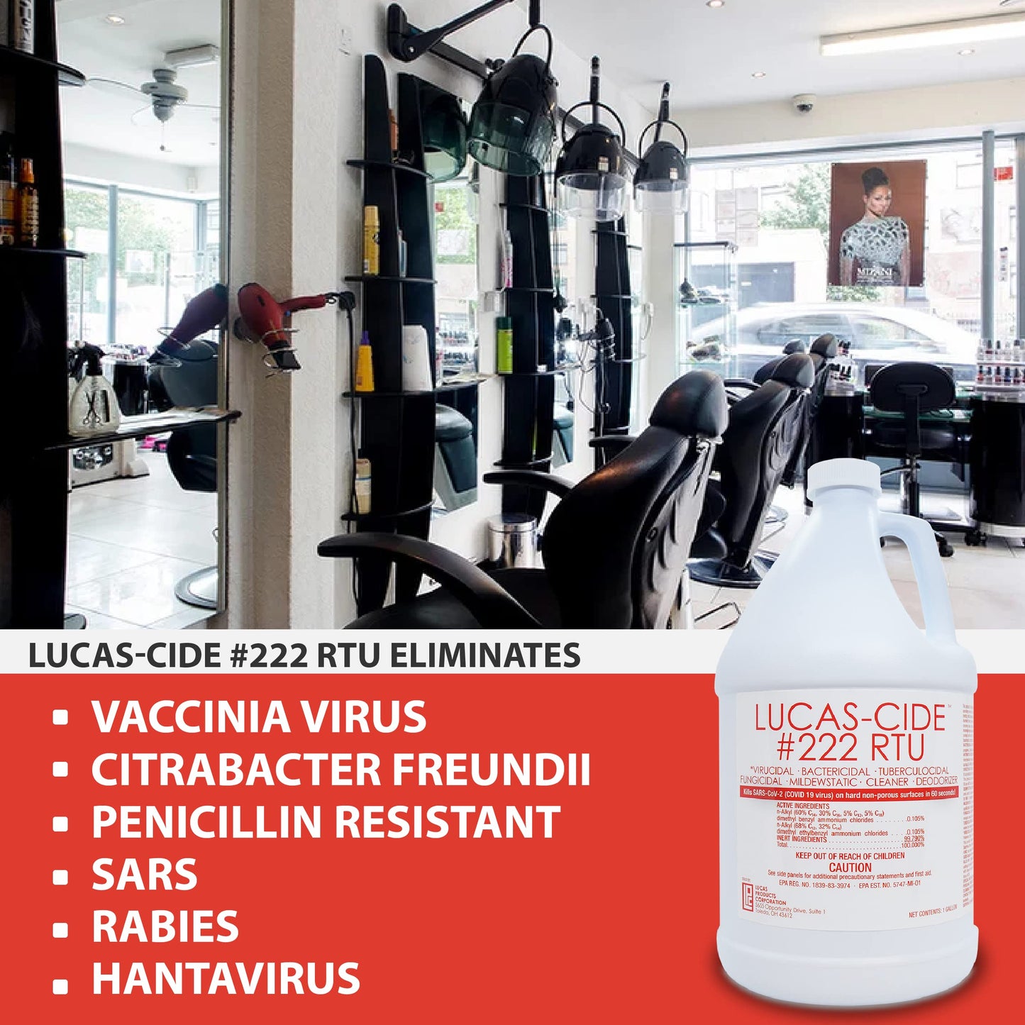 Black LUCAS-CIDE #222 RTU Hospital-Grade Salon and Spa 60 Second Disinfectant 1 Gallon