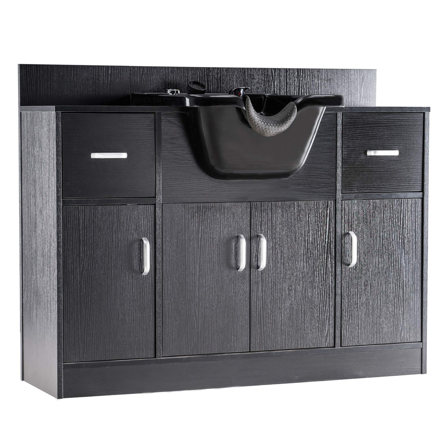 Dim Gray BarberPub Multi-Functional Shampoo Backwash Sink Station with Shampoo Bowl for Hair Stylist, Salon Spa Beauty Cabinet with Faucet Sprayer, Barber Storage Equipment 45.3" x 14.1'' x 36.4" 7139